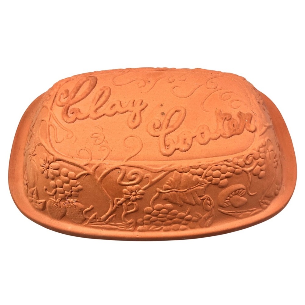 Terracotta Clay Cooker Dutch Oven Embossed Fruit Floral Oval Roaster Baker 12.5"